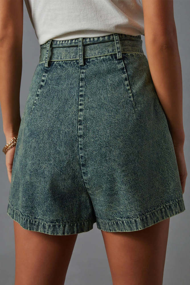 Casual Vintage Solid Bandage Make Old Pocket High Waist Denim Shorts