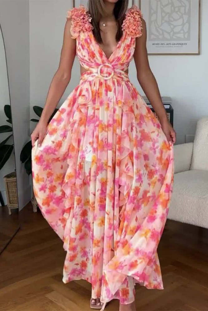 Casual Floral Hollowed Out Fold Stringy Selvedge V Neck Waist Skirt Dresses(3 Colors)