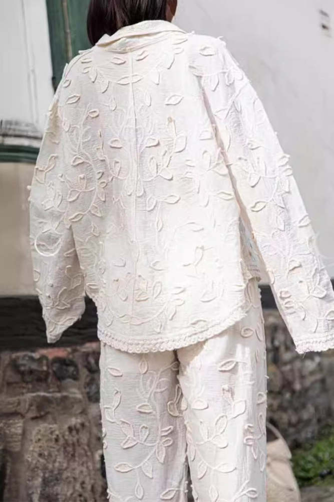 Casual Solid Jacquard Turndown Collar Long Sleeve Two Pieces