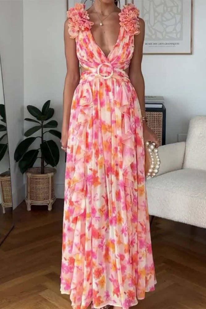 Casual Floral Hollowed Out Fold Stringy Selvedge V Neck Waist Skirt Dresses(3 Colors)