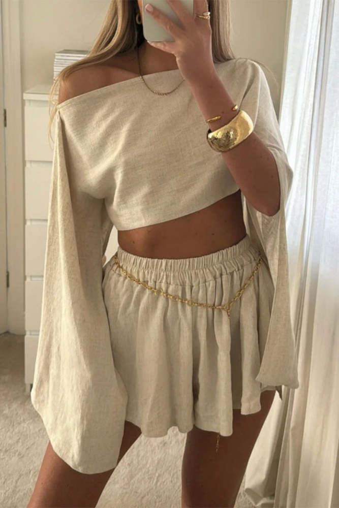 Casual Solid Fold Oblique Collar Long Sleeve Two Pieces(No waistband)