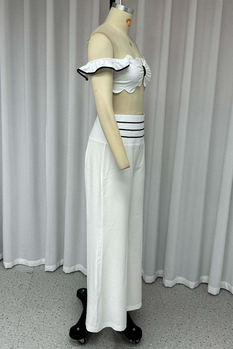 Flouncing Off Elegant Simplicity Solid Patchwork Flounce Off the Shoulder Two Pieces