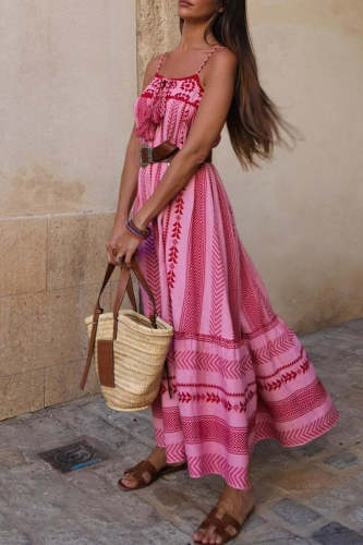 Sexy Vacation Geometric Hook Flower Tassel Embroidered Three-dimensional Pattern Sling Dresses(No Belt)