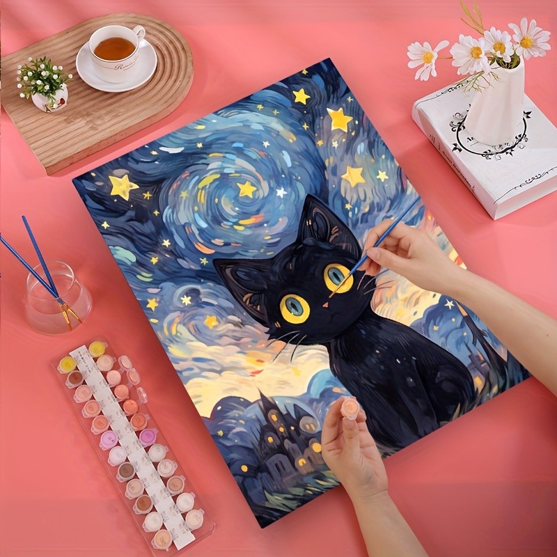1pc Rolled Canvas-No Crease, DIY Acrylic Paint By Numbers For Adult On Canvas, Paint By Numbers Adult Acrylic Kits With Frameless, Oil Painting By Numbers On Canvas For Adults,Hobbies And Crafts For Adults,Unique Gift Home Decor Painting,The Sun, Black Cute Cat(16X20Inch, No Frame)