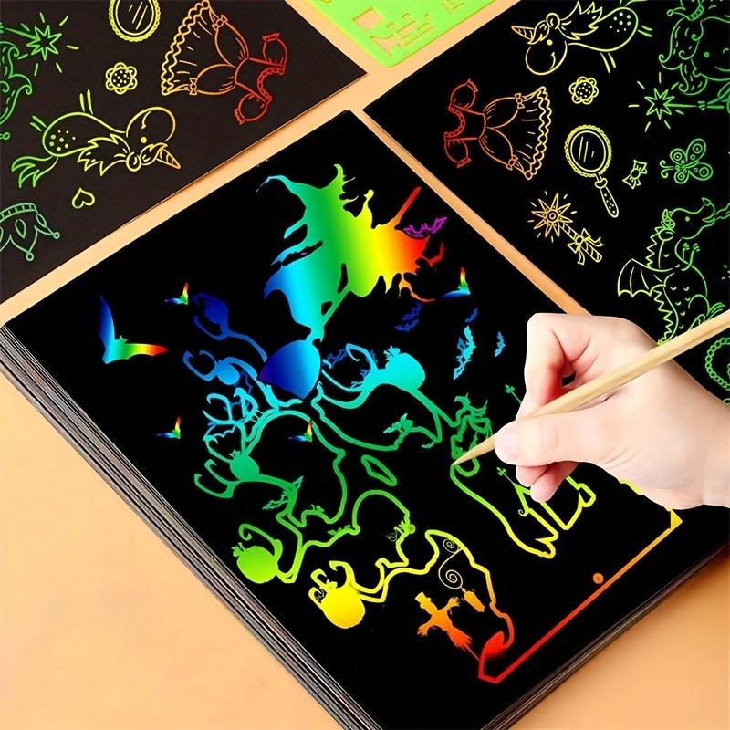 50pcs Magic DIY Scratch Paper, Scratch Rainbow Art Paper Scratch Painting Kit With 5 Wooden Stick For Boys Girls Birthday Party Holiday Gift