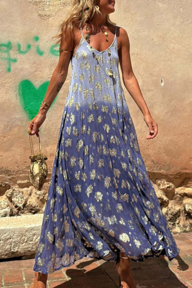 Sexy Gradient Print Contrast V Neck Sling Dresses
