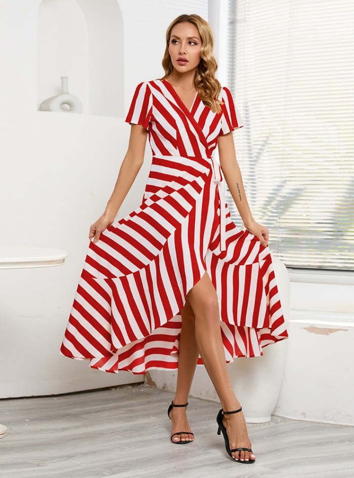 Slim-fit Striped Irregular Swing Dress