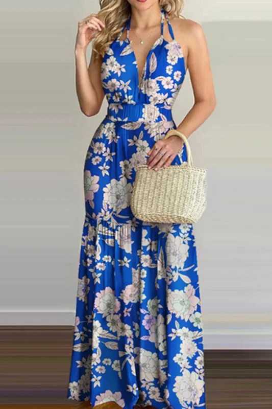 Sexy Print Backless Halter Straight Dresses(5 Colors)
