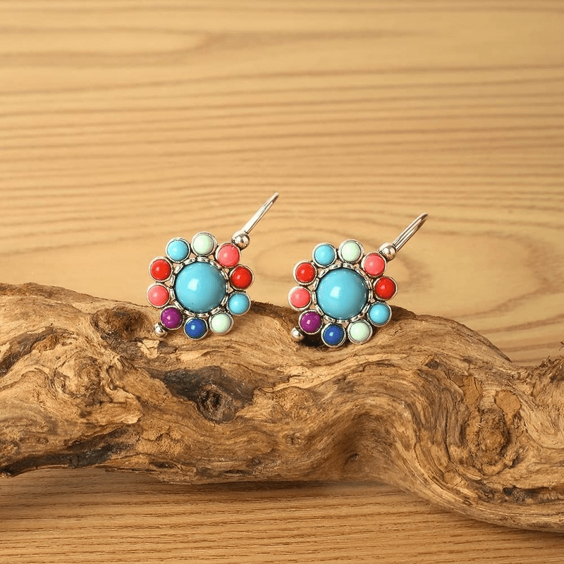 Vintage Flower Colorful Turquoise Inlaid Dangle Earrings Retro Boho Style Silver Plated Jewelry Delicate Female Earrings