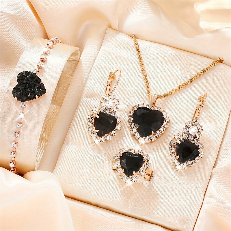 1 Pair Of Earrings + 1 Necklace + 1 Bracelet + 1 Ring Coquette Style Jewelry Set Inlaid Heart Shape Zirconia Black Or Red Make Your Call