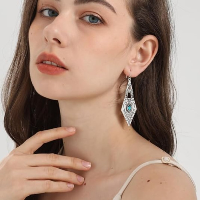 Vintage Rhombus Shape Carved Pattern Turquoise Inlaid Dangle Earrings Retro Ethnic Style Female Gift