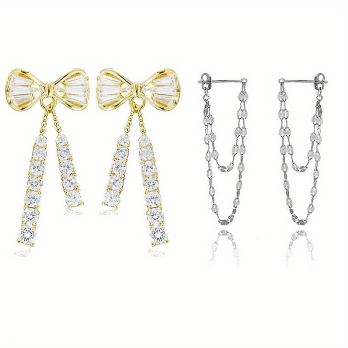 2 Pairs Of Dangle Earrings, Bow Tassel Earrings & Minimalist Double Layered Chain Pendant Earrings, Fashionable And Versatile For Daily Wear, Banquet, Party, Wedding Accessories