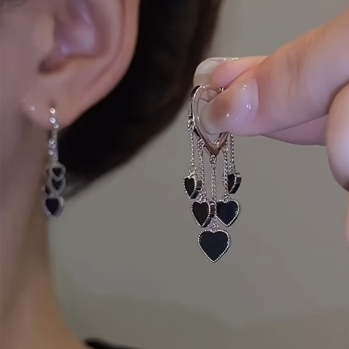 Black Heart Shape Dangle Earrings Elegant Simple Style Alloy Jewelry Daily Wear Ear Ornaments Female Gift