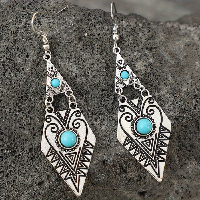 Vintage Rhombus Shape Carved Pattern Turquoise Inlaid Dangle Earrings Retro Ethnic Style Female Gift