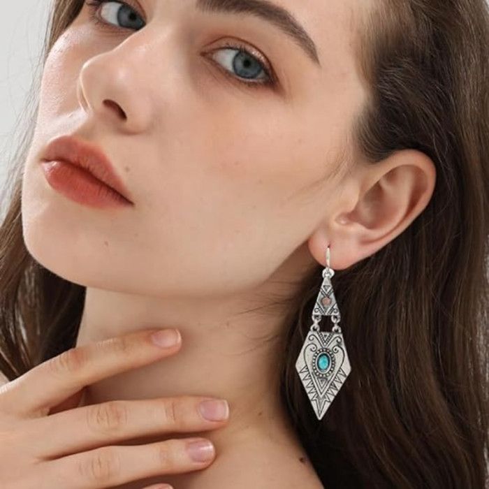 Vintage Rhombus Shape Carved Pattern Turquoise Inlaid Dangle Earrings Retro Ethnic Style Female Gift