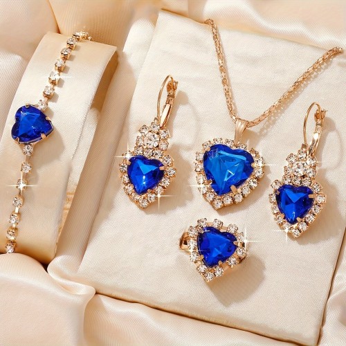 1 Pair Of Earrings + 1 Necklace + 1 Bracelet + 1 Ring Coquette Style Jewelry Set Inlaid Heart Shape Zirconia Black Or Red Make Your Call