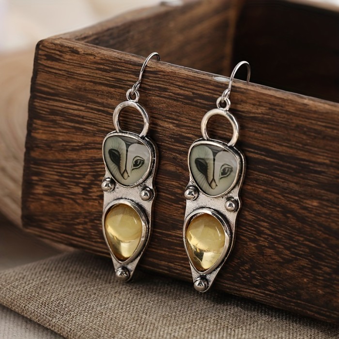 Bohemian Vintage Owl Dangle Earrings With Synthetic Gems Inlaid Personality Female Earrings