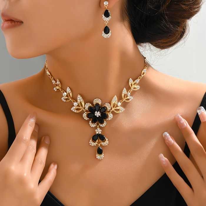 Gift 1 Pair Dangle Earrings +1 Pc Necklace With Pretty Flower Design Copper 14K Plated Jewelry Set Zircon Inlaid For Women Vocation Jewelry