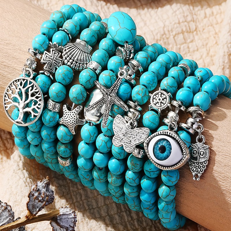 Turquoise Bracelet for Couple Natural Stone Beaded Bracelets Round Bead Stretch Bracelet Handmade String Boho Bracelet Jewelry for Lovers