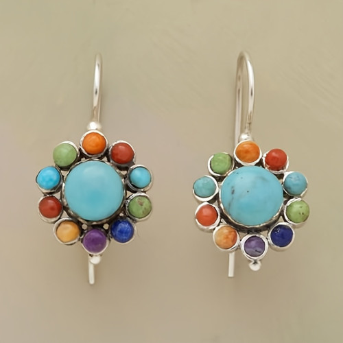 Vintage Flower Colorful Turquoise Inlaid Dangle Earrings Retro Boho Style Silver Plated Jewelry Delicate Female Earrings