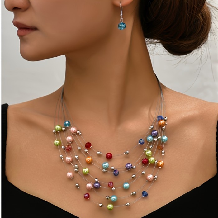 Colorful Imitation Pearl Crystal Beads Necklace Bohemian Style Multilayer Necklace For Women Holiday Gift