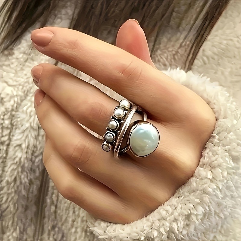 Elegant Vintage Ring with Multi-Layered Design and Artificial Pearl Inlay - Perfect for Daily Wear and Parties - Unisex Accessory