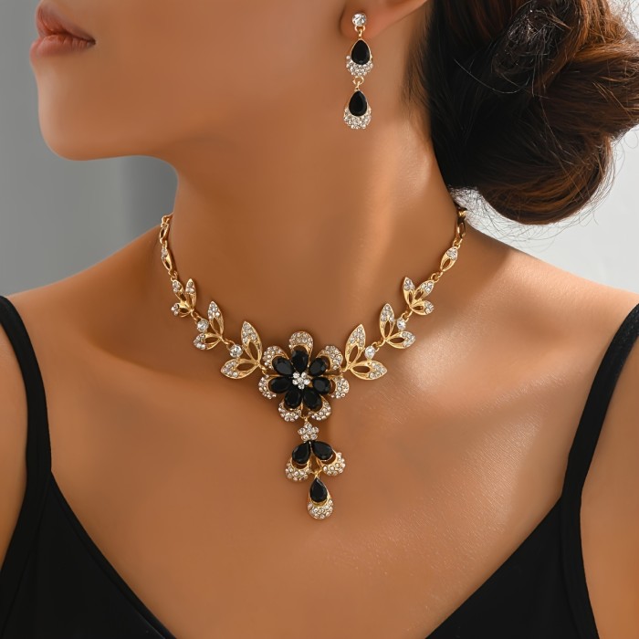 Gift 1 Pair Dangle Earrings +1 Pc Necklace With Pretty Flower Design Copper 14K Plated Jewelry Set Zircon Inlaid For Women Vocation Jewelry