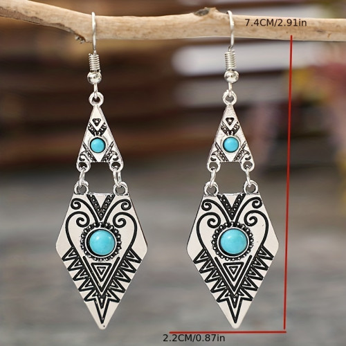 Vintage Rhombus Shape Carved Pattern Turquoise Inlaid Dangle Earrings Retro Ethnic Style Female Gift
