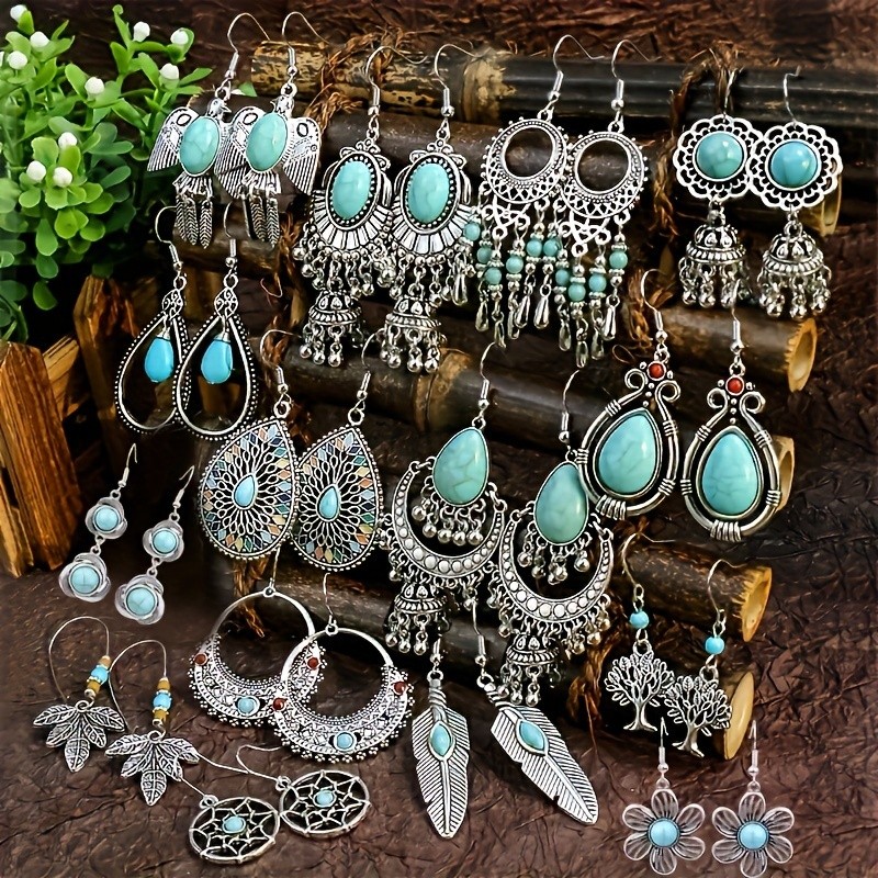 15 Pairs Bohemian Ethnic Vintage Drop Earrings Set Acrylic Turquoise Dangle Earrings Women Elegant Daily Outfits Party Jewelry Women's Ear Jewelry Accessories