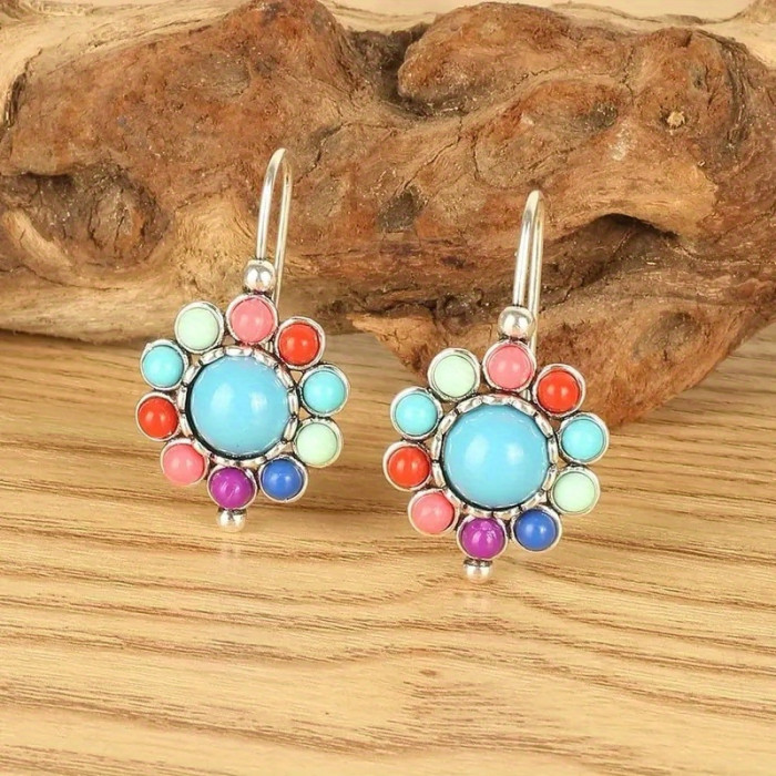 Vintage Flower Colorful Turquoise Inlaid Dangle Earrings Retro Boho Style Silver Plated Jewelry Delicate Female Earrings