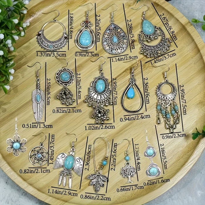 15 Pairs Bohemian Ethnic Vintage Drop Earrings Set Acrylic Turquoise Dangle Earrings Women Elegant Daily Outfits Party Jewelry Women's Ear Jewelry Accessories