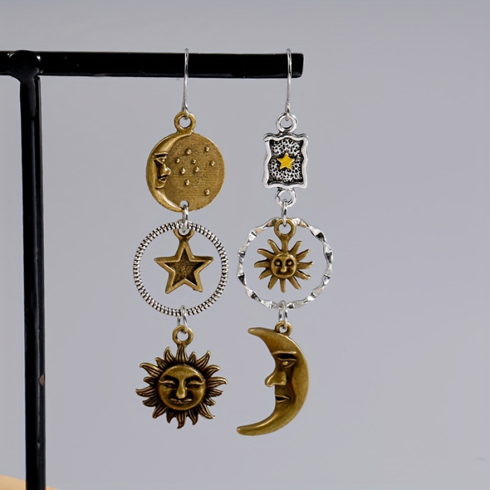 Ancient Greek Mythology Face Sun Moon Dangle Creative Design Women Asymmetric Personality Earrings Party Jewelry