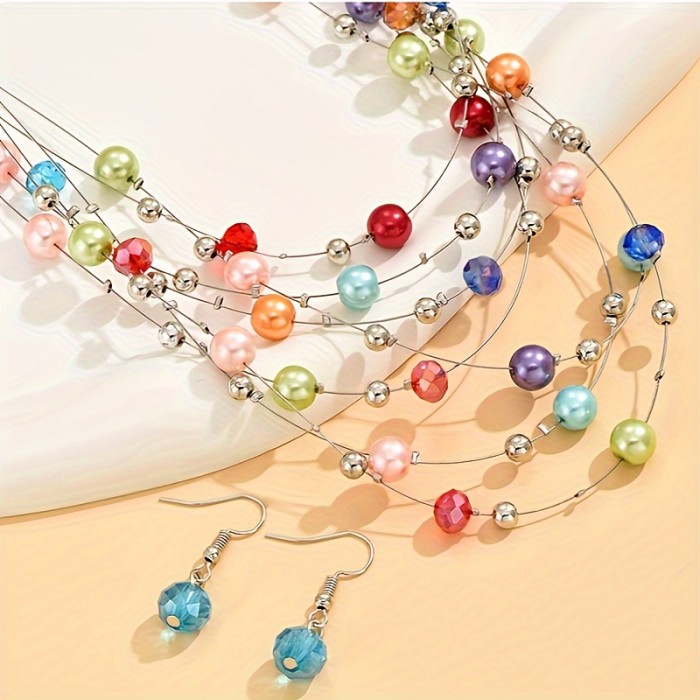 Colorful Imitation Pearl Crystal Beads Necklace Bohemian Style Multilayer Necklace For Women Holiday Gift
