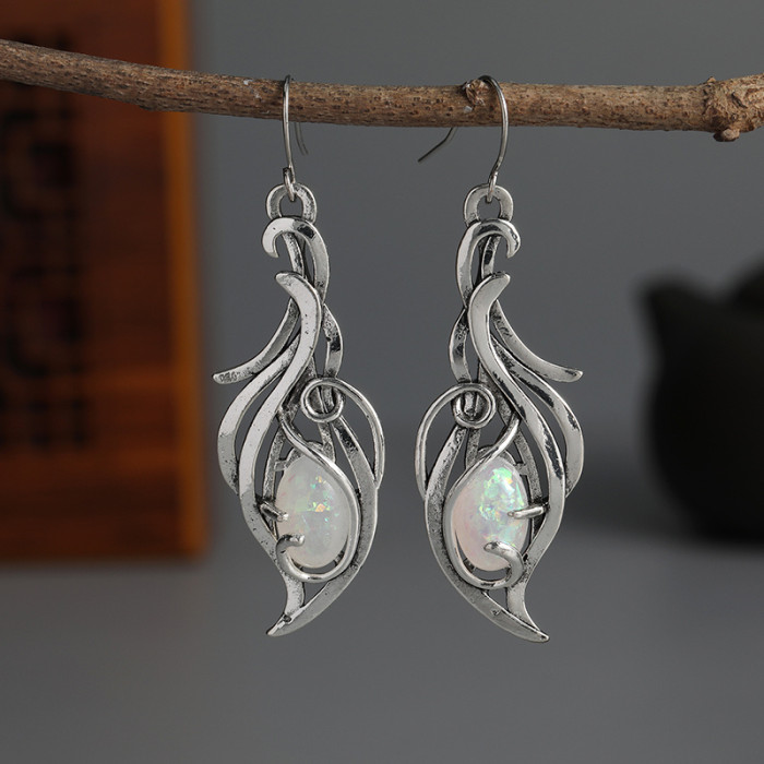 Bohemian Dangle Earrings Silver Plated Retro Flower Design Inlaid Faux Gemstone Match Daily Outfits Party Accessories Casual Dating Decor