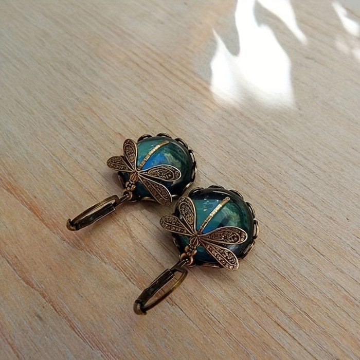 1 Pair, Vintage Dragonfly Green Crystal Dangle Earrings, Boho Earrings, Jewelry Packs, Mother's Day Gifts, Birthday Gifts, Holiday Gifts, Woman Gifts, Party Favors
