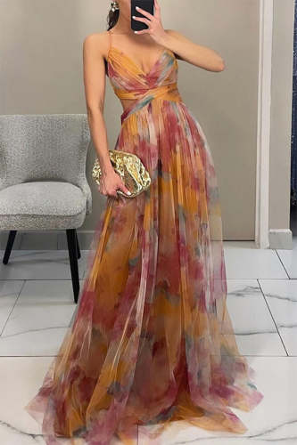 Sexy Gradient Print Backless Contrast V Neck Long Dresses