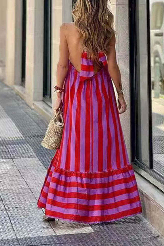 Casual Street Striped Print Lace Up Backless Contrast Halter Sleeveless Dresses