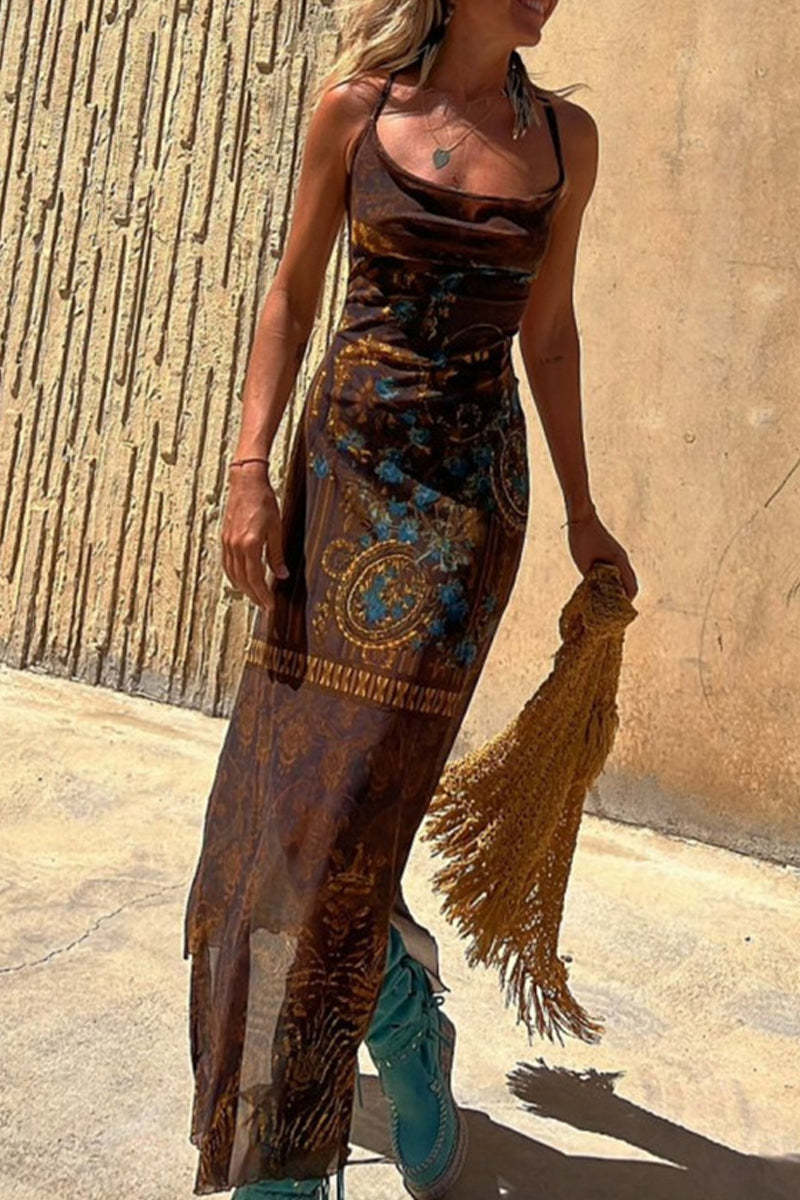 Sexy Vacation Geometric Print Backless Slit U Neck Sling Dress Dresses main image 0