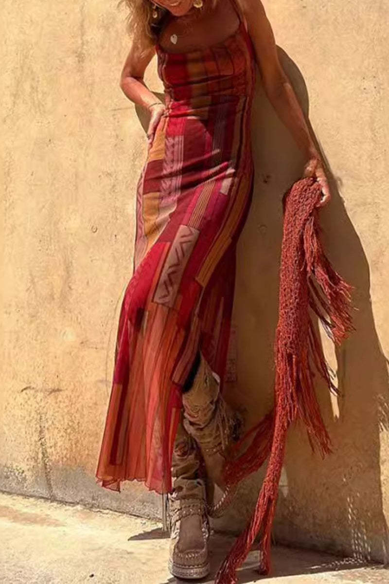 Casual Street Geometric Print U Neck Sling Dresses