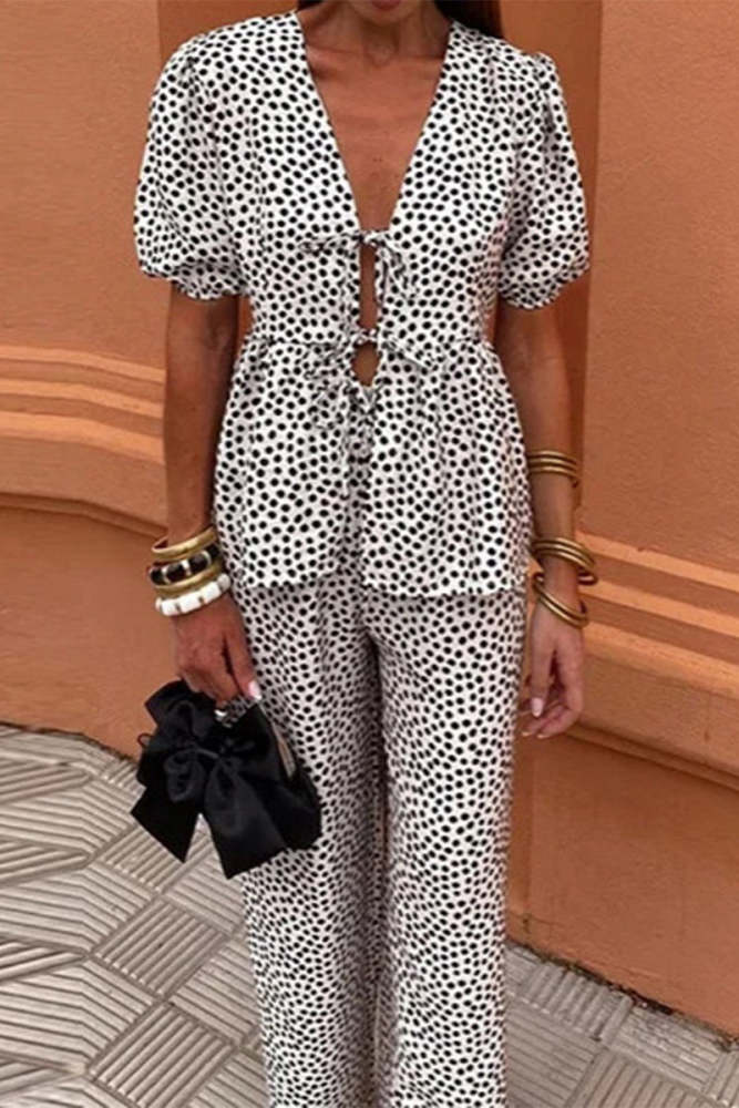 Casual Daily Lace Up V Neck Short Sleeve Two Pieces(3 Colors)