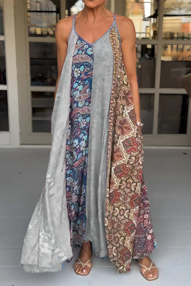 Casual Vintage Mixed Printing Contrast V Neck Printed Dresses(6 Colors)