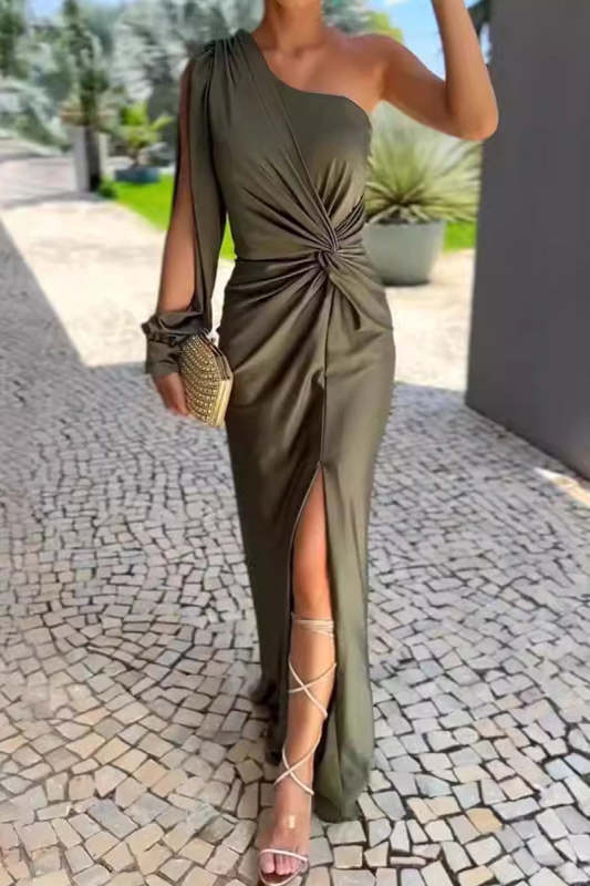 Sexy Solid Color Slit Ruched Knotted Sloping Shoulder Long Dresses