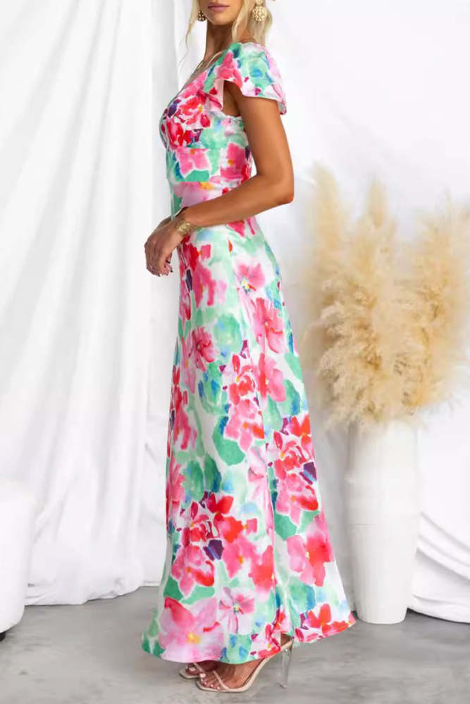 Sexy Floral Print Contrast V Neck One Step Skirt Dresses
