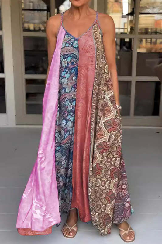 Casual Vintage Mixed Printing Contrast V Neck Printed Dresses(6 Colors)