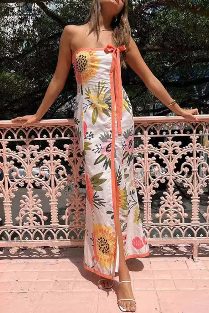 Sexy Floral Print Lace Up Slit Strapless Printed Dresses