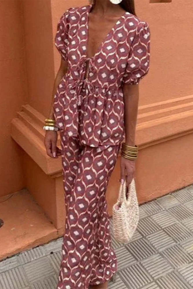 Casual Daily Lace Up V Neck Short Sleeve Two Pieces(3 Colors)