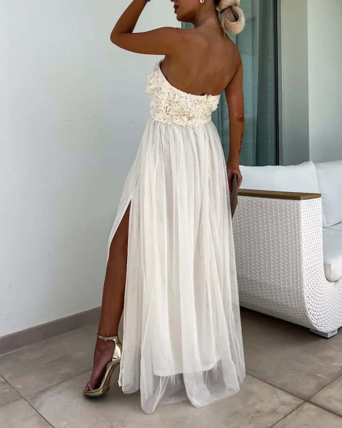 Off-shoulder tube top mesh slit tutu dress