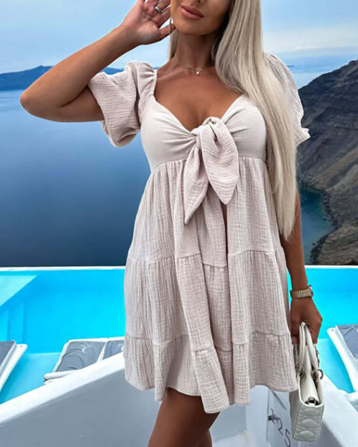 Chest Tie V Neck Short Sleeve Dress