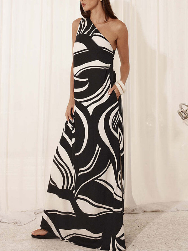 Loose Sleeveless Printed One-Shoulder Maxi Dresses