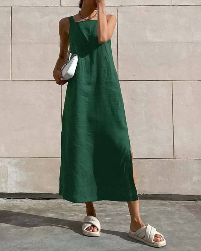 Cotton and Linen Loose Slit Suspender Dress